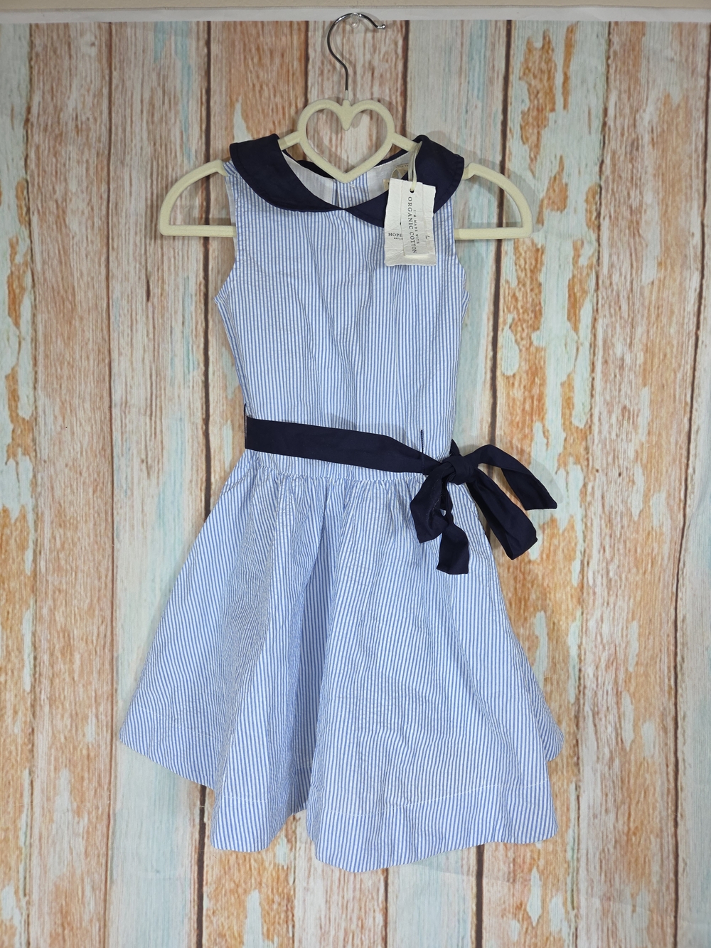 Hope & Henry Girls Blue Striped Dress with Navy Collar & Bow. 100% Cotton. Sz 4